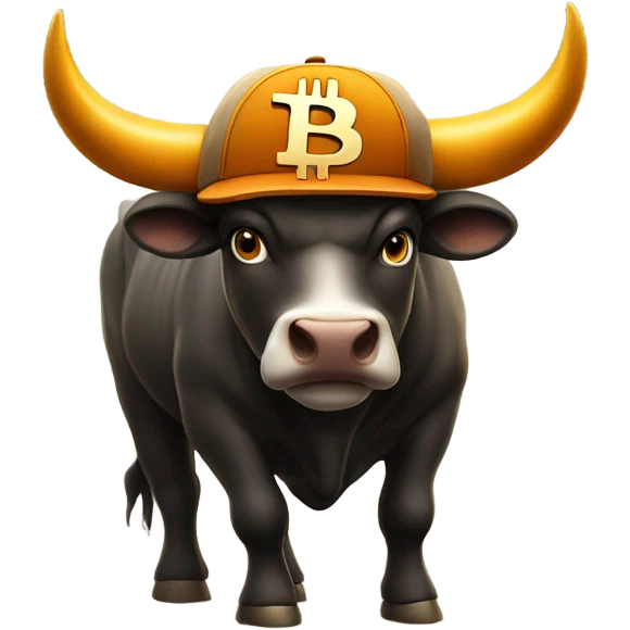 Bull ready to charge wearing bitcoin hat emoji