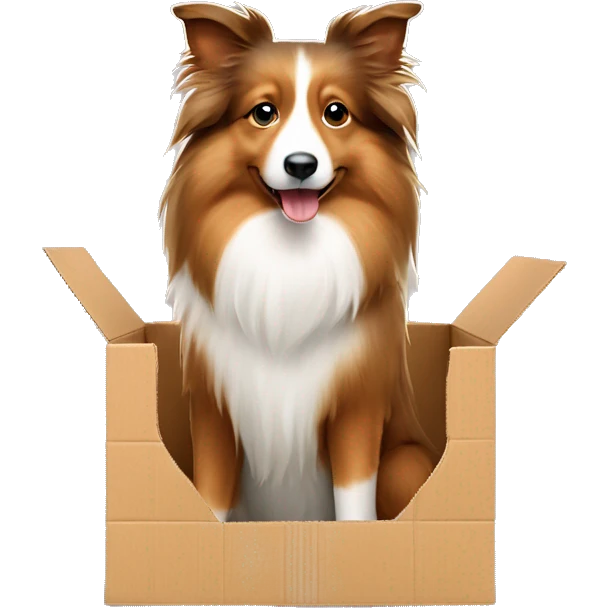 Shetland sheepdog sitting in cardboard emoji