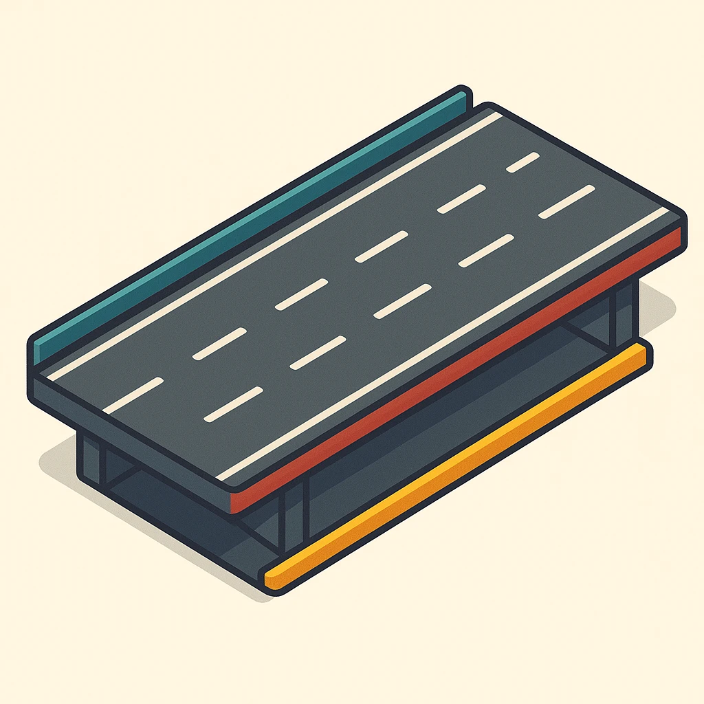 a modern expressway with multiple lanes, smooth asphalt, and clear lane markings, seen from above, 2D isometric illustration style emoji