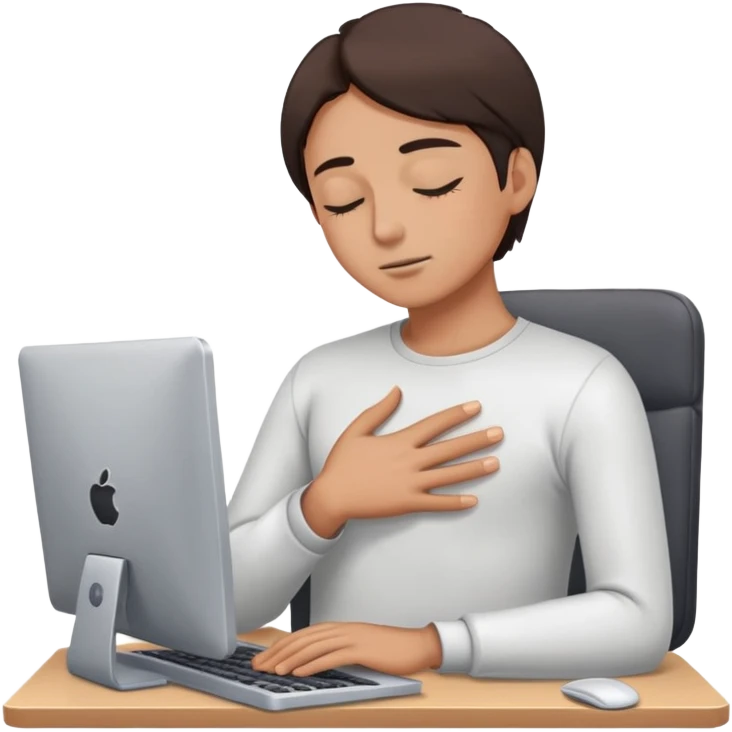Person with closed eyes, deep breath, hand on chest, computer with email open in front of them emoji