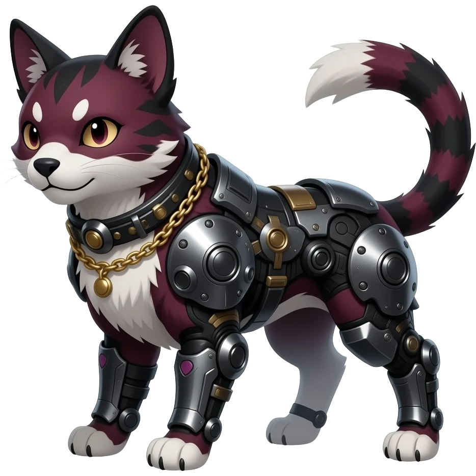 Mature realistic quadrupedal Epic majestic complex  glorious futuristic detailed dark dusky gloomy deep gothic sanguine-blood-maroon-black-white, realistic Fakémon-Sprigatito-Floragato-Meowscarada-Trico-Sergal-Serval-Vernid-creature (full body) with metal gears and metal collar with gold chains emoji