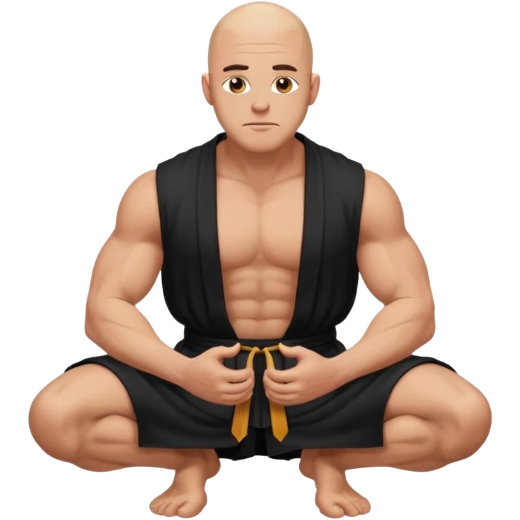 fullbody jacked bald guy, sleeveless and unbuttoned in black robe sitting hands on knees emoji