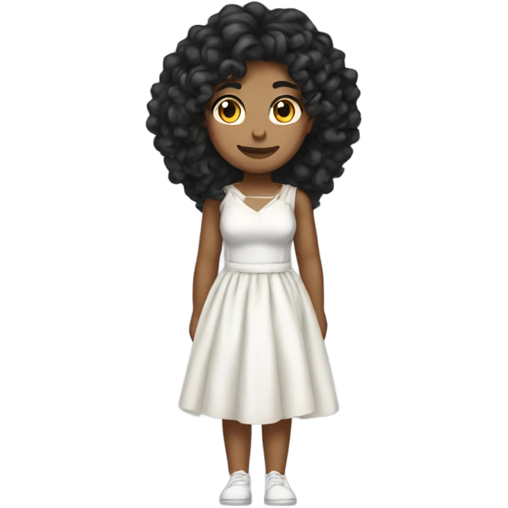Tan girl with black long curly hair and white tied dress full body emoji