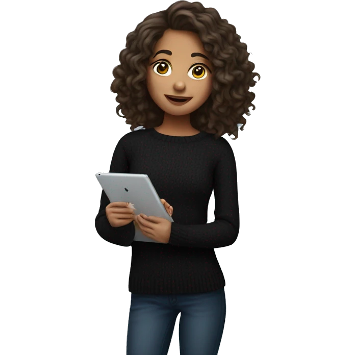 Brunette girl with wavy hair in black sweater with opened shoulders with iPad  emoji
