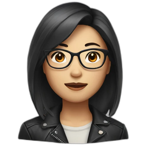 asian woman with glasses and a leather jacket with a shirt and long dark hair emoji