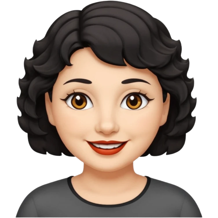 woman 60, brown eyes, very short black wavy wolf cut hair, chubby smile emoji