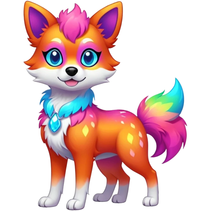 Vibrant multicolored neon-colored Falvie-Fionbri-creature-sparkle-dog-fursona, full body emoji