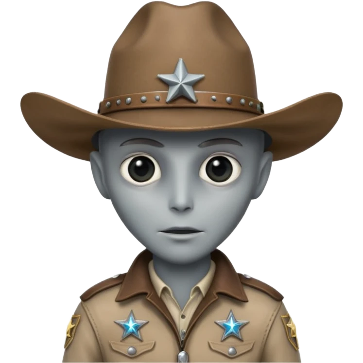 Close-up portrait of a classic grey alien cowboy, large black eyes, smooth pale skin, wearing a worn leather cowboy hat and futuristic sheriff badge, dramatic side lighting, shallow depth of field, ultra detailed skin texture, cinematic western sci-fi style
 emoji