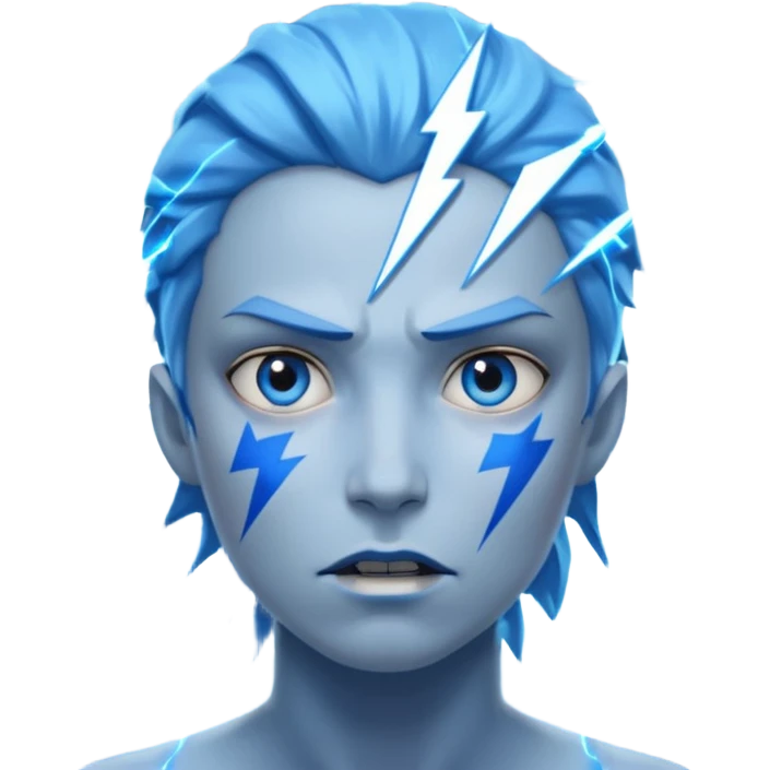 Rayos, centellas y estrellas en una cara color azul con expresiones de furia emoji