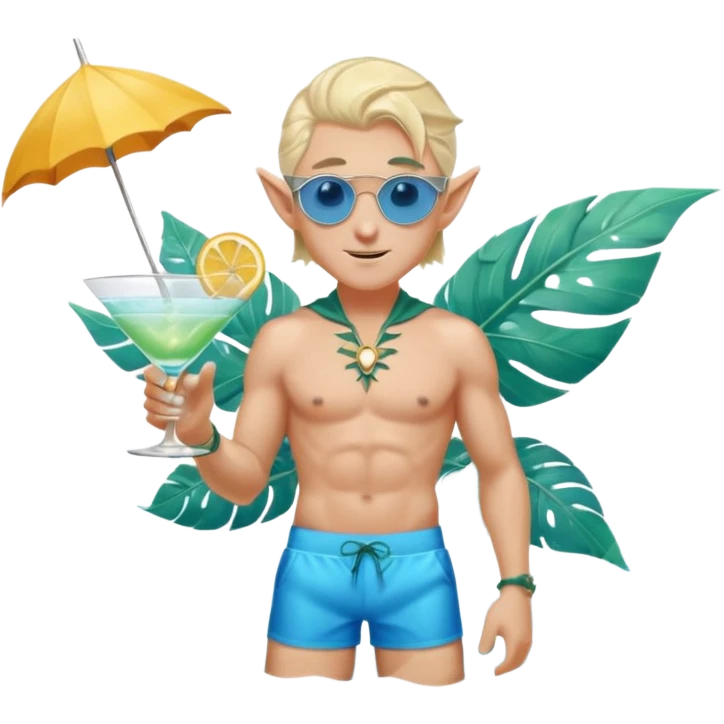 elf male legolas in stylish blue swim trunks, palm extended over cocktail glass, conjuring swirling frost and mist to chill it, silver aviator sunglasses, pointy ears, confident smirk, minimalist beach bar backdrop, centered emoji, summer magic emoji