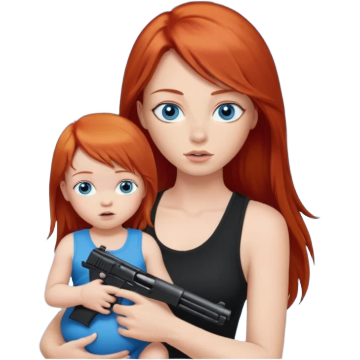 A red head with long straight hair, she has blue eyes with big boobs. She’s wearing a black tank top and holding a gun up in one hand and a baby boy with blue eyes sucking on one of her boobs in the other arm emoji