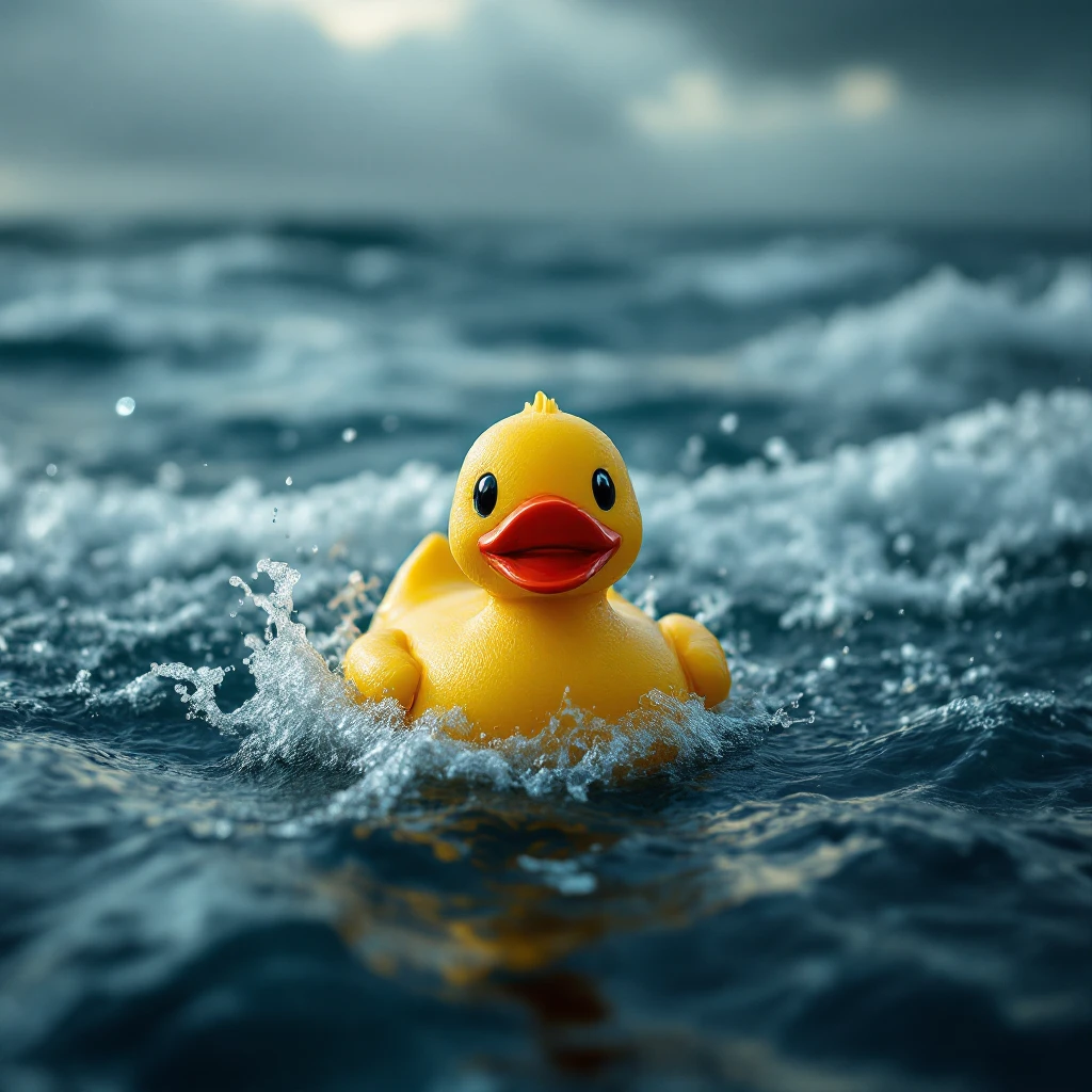  Cinematic still, Extreme Closeup shot of Yellow duck toy on ocean during cloudy day, stormy sea, Camera from top, inspired by interstellar emoji