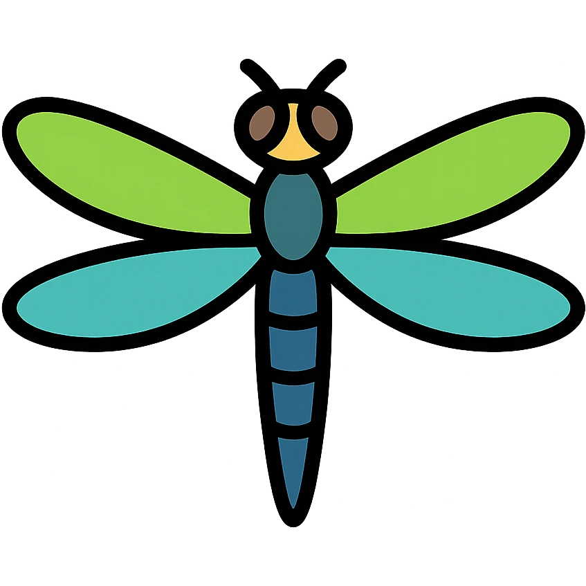 realistic dragonfly with bright green and blue wings, color outline icon style emoji