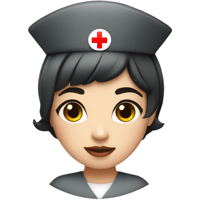 pixie cut black straight hair female nurse  hat with red cross sign in the middle wearing dress
pale skin color emoji