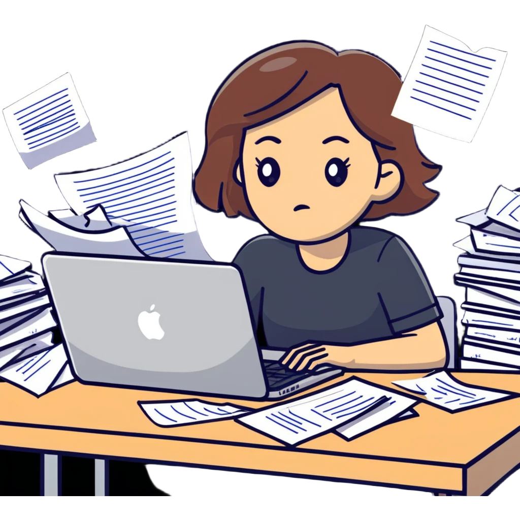 tired woman at a desk with a MacBook, surrounded by messy papers, emphasizing disorganization emoji
