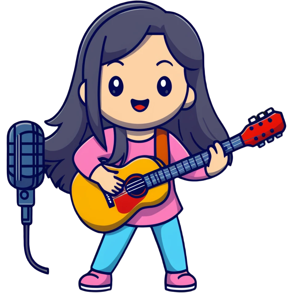 girl with long straight hair singing with microphone and guitar emoji