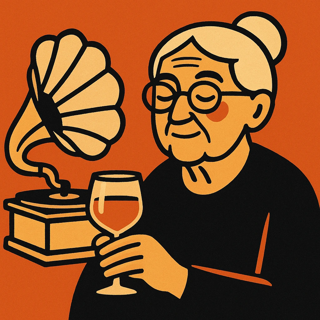 old lady with wineglass listening to gramophone emoji