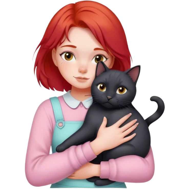 
a girl with red hair in pastel clothes hugs a black British cat emoji