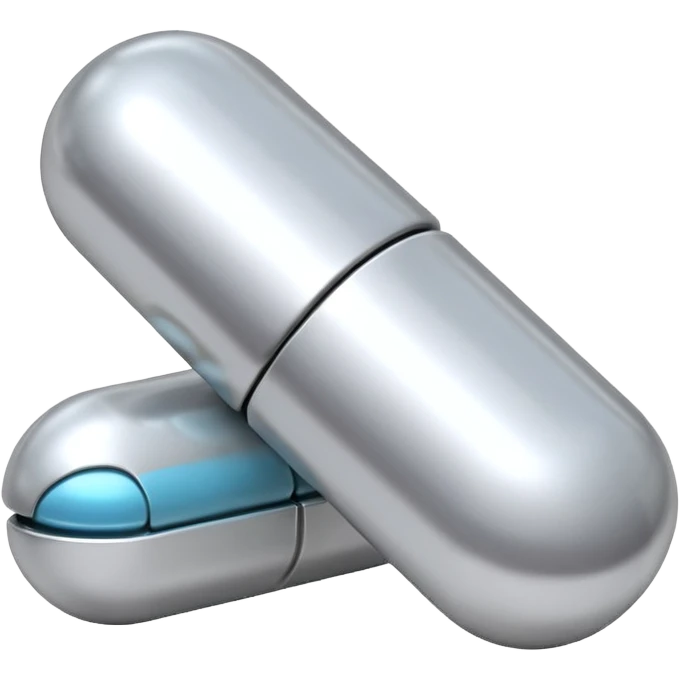 capsule pill emoji, metallic silver halves, smooth glossy finish, futuristic pharmaceutical 3D icon, isolated on white emoji