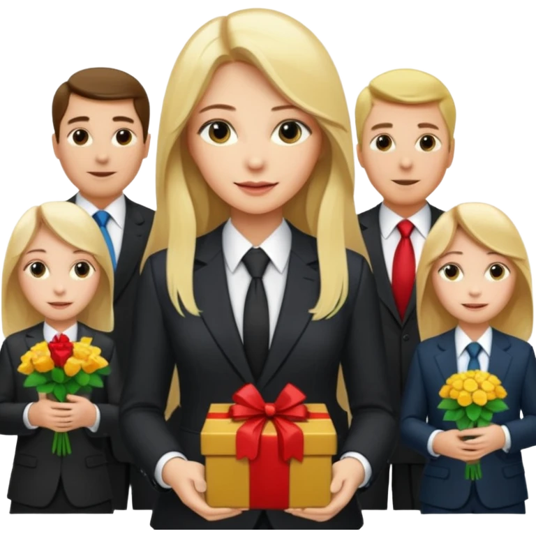 "Young blonde woman with long hair in the center, rich businessmen in suits around her, giving gifts, money, and flowers." emoji