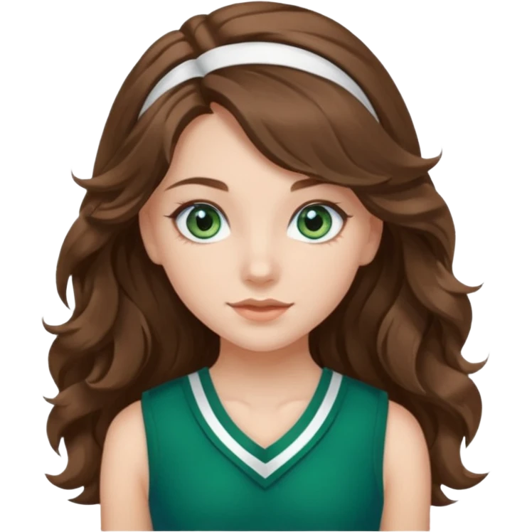 A pretty girl with blue eyes, brown long wavy hair, qnd wear green Hawkins cheerleader uniform emoji