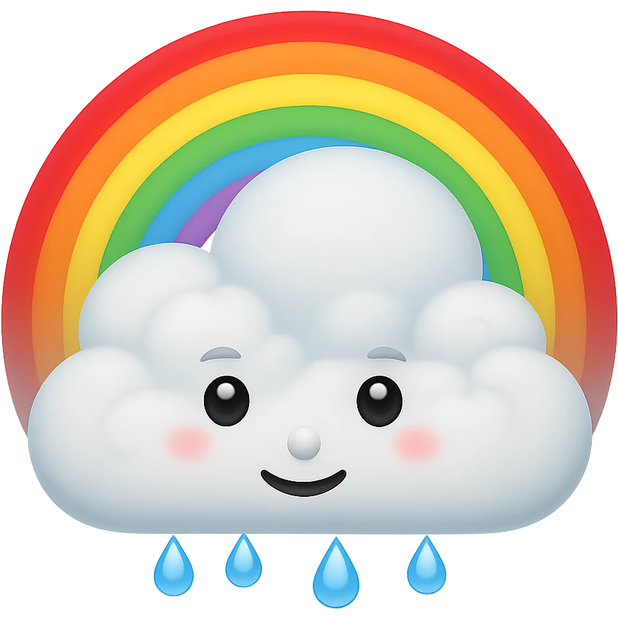 Add a bright, colorful rainbow arcing over the cloud in a Disney style, Apple emoji style. Keep the background transparent. emoji