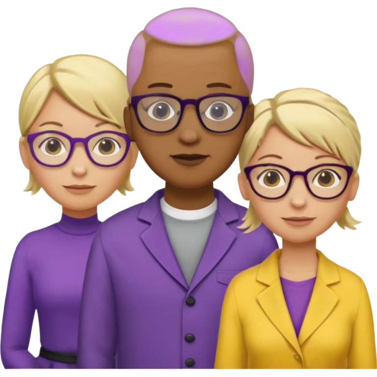 FIVE person team; 2 men and 3 women.  All dressed in yellow or purple.  2 caucasian women have blonde and 1 has ash blonde hair tied up.  1 man is African-american and bald, 1 man is caucasian and very little hair left.  All have glasses emoji