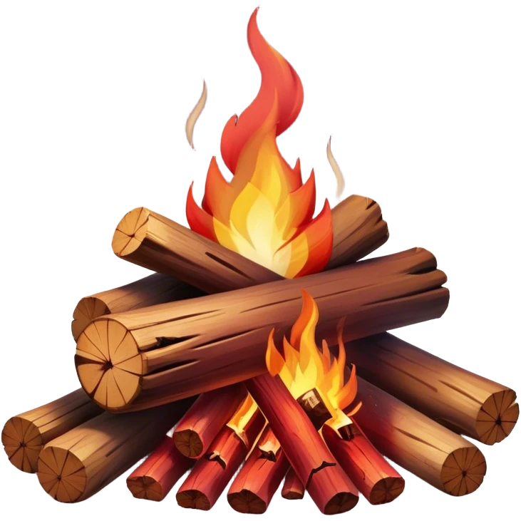 Cinematic Realistic Campfire, a roaring flame crackling atop carefully arranged logs, embers glowing deep red, golden light casting soft flickering shadows, gentle smoke drifting upwards, glowing with warmth and coziness. emoji