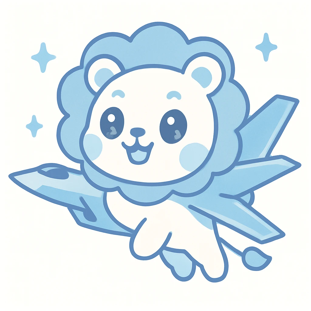 A whimsical lion character reminiscent of Nyan Cat with F-35 fighter jet wings, blue and white color scheme, soaring upward, playful and energetic style emoji