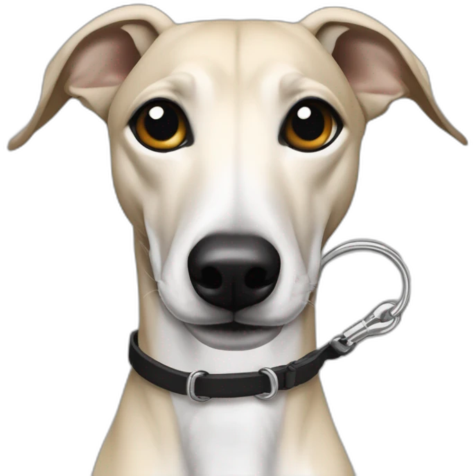 a beige whippet with one fore-foot up and a leash going out of frame, with a dark snout, black and white mouth patchy and black angel wing like eyes emoji