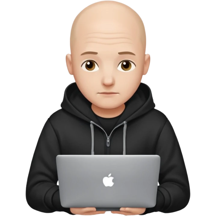bald young programmer with MacBook wears hoodie  no scalp wrinkle emoji