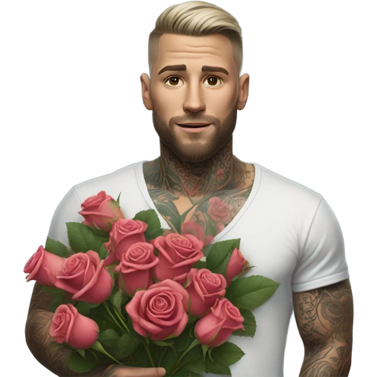 Hyper Realistic handsome tattooed man holding a bouquet of roses emoji