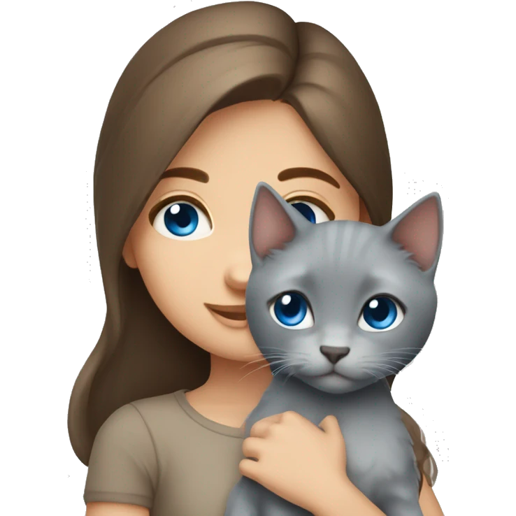 blue eyes grey kitten and brown hair girl hugs emoji