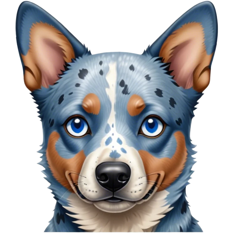 Cinematic Noble Blue Speckle Australian Cattle Dog Portrait Emoji, Poised and regal, with a robust, athletic build and a striking blue speckle Fur, piercing blue eyes, Simplified yet sharp and sophisticated features, highly detailed, glowing with a cool, dignified glow, high shine, intelligent and hardworking, stylized with an air of precision, focused and attentive, soft glowing outline, capturing the essence of a watchful and determined herder, so majestic it feels as though it could leap out of the screen with effortless authority! emoji