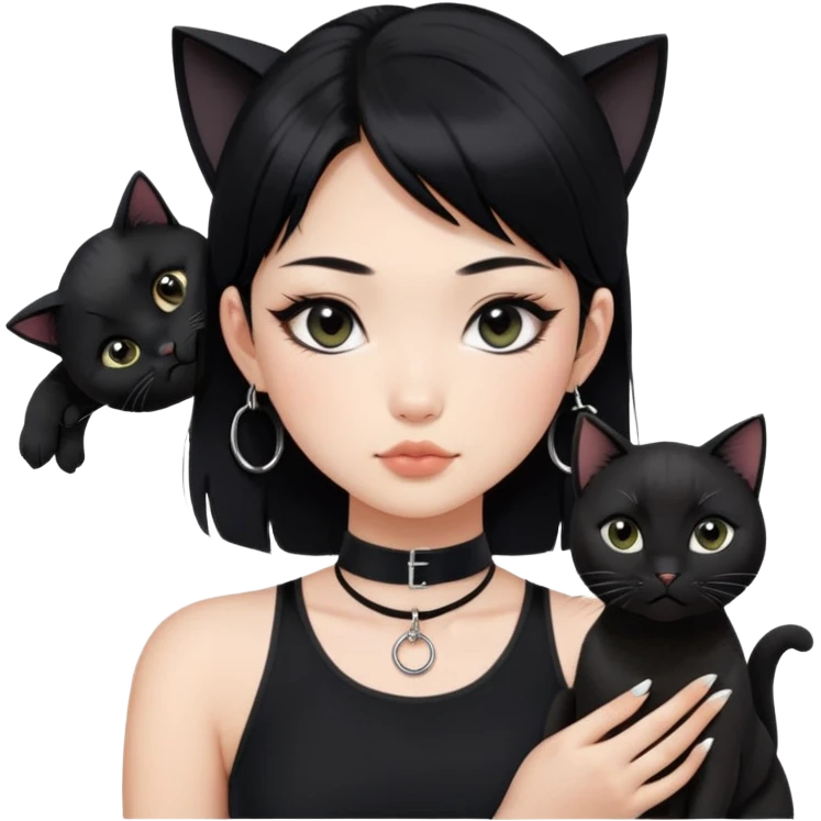 Asian girl, black hair.  Holding two BLACK cats with one cat has a round fat face. Both pure black.  The girl also wearing a black singlet, a black chocker, silver round hook earring, and wearing eyeliner.  emoji