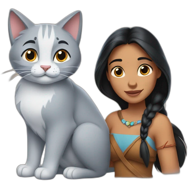 Pocahontas disney with a soft grey cat emoji