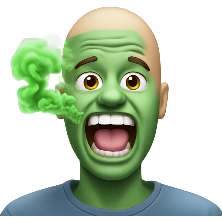 Smelly breath bald man mouth wide open green smoke coming out emoji