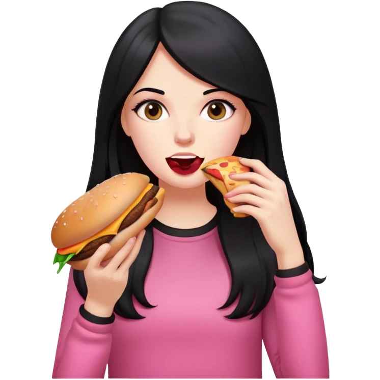White girl in pink clothes and long black hair eating burger and pizza emoji