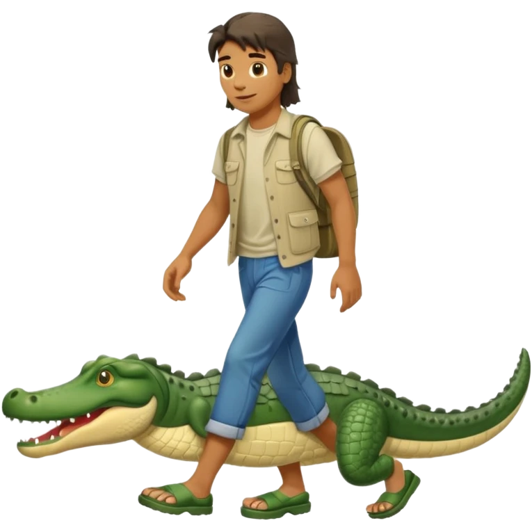Man with a mullet wearing crocs walking an aligator emoji
