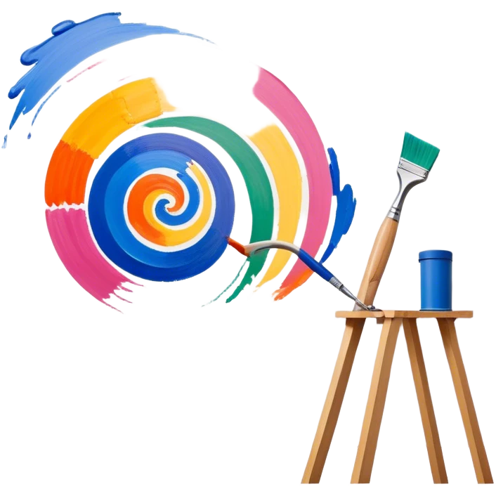 Create an icon that represents the hobby of wall painting, featuring a wall with a beautiful painting in progress. The design should include a paintbrush, a roller, and part of the wall decorated with colorful patterns or a mural. The icon should show the process of creating the artwork, with the brush strokes visible on the wall, symbolizing the artistic nature of the craft. The composition should be balanced and harmonious, evoking creativity and skill. The background should be transparent. emoji