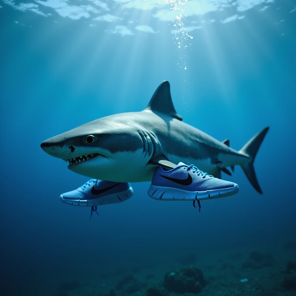a photorealistic shark with blue Nike sneakers, swimming underwater emoji