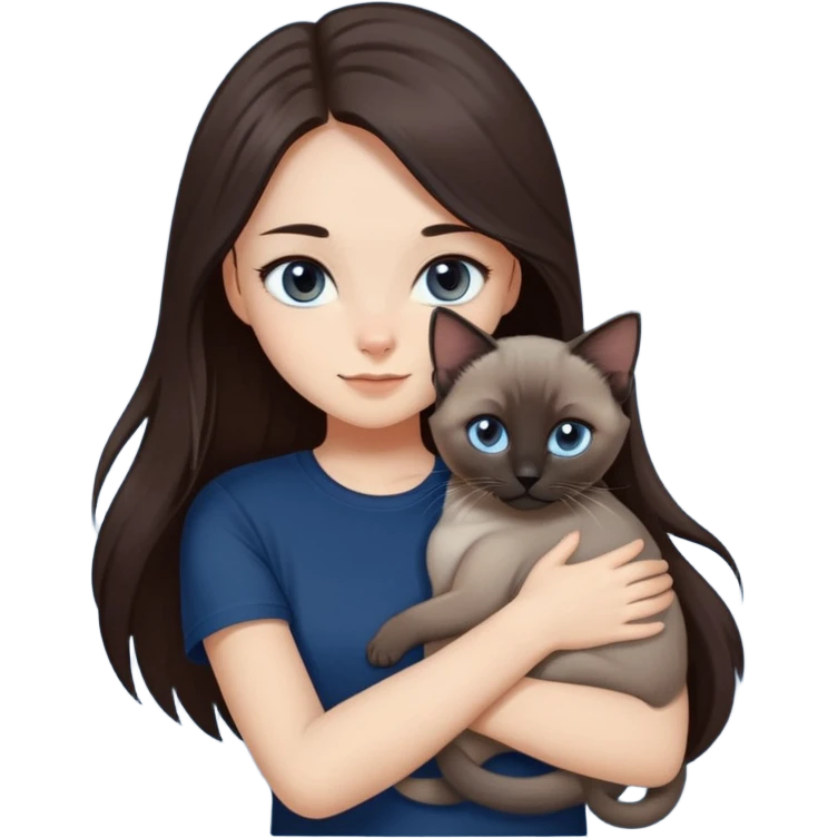 a girl with long dark brown hair, grey eyes, in a dark navy blue tshirt is hugging a siamese kitten emoji