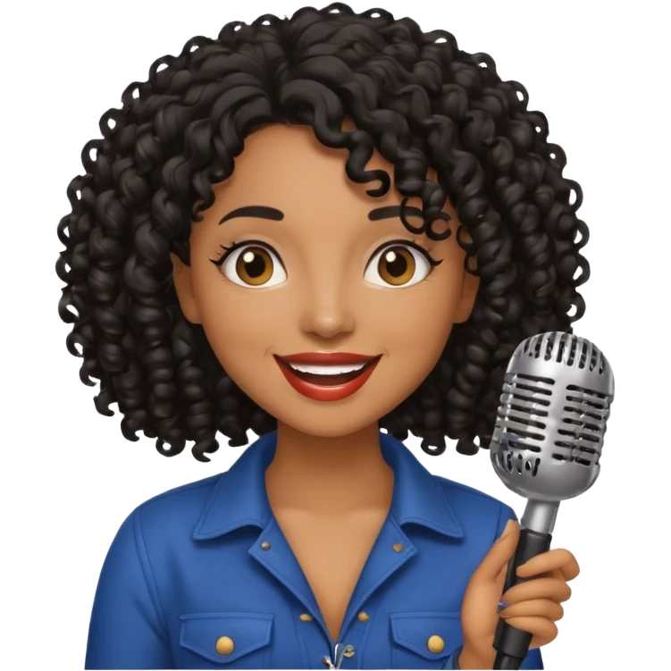 brown skin woman, curly black hair, singer, hold micro emoji