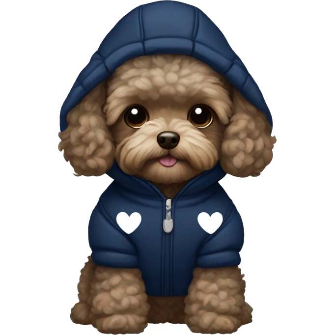 Dark Brown maltipoo wearing navy blue puffer jacket with a hood with little white hearts pattern emoji