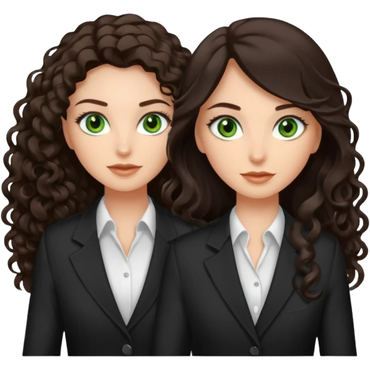 Two besties as agents, 1: long ironed straight darkbrown hair, green eyes, 2: long curly darkbrown hair, brown eyes  emoji
