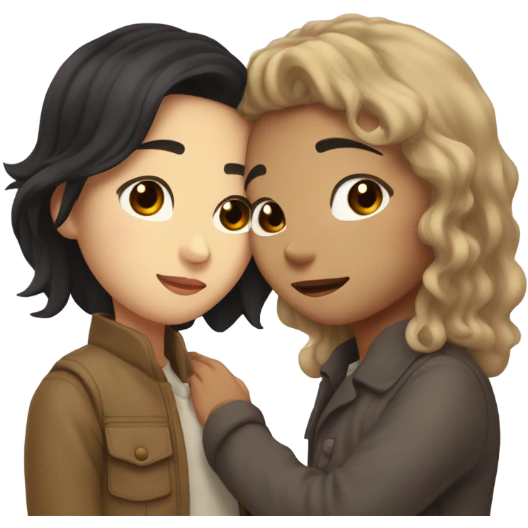 A half pale Asian man with short dark hair and amber eyes embracing and loving a half Asian woman with long wavy dark hair and dark hazel eyes. They love each other a lot And have good fashion taste and are hugging each other tight  emoji