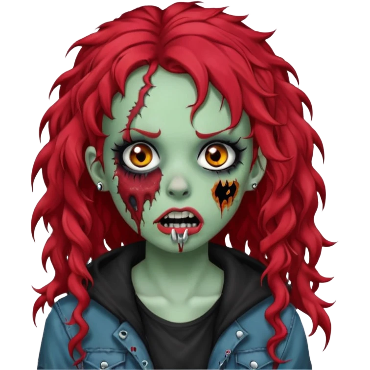 zombie girl red hair cacheado longo, com piercings na boca, nariz e sobrancelha,  roupa emo emoji