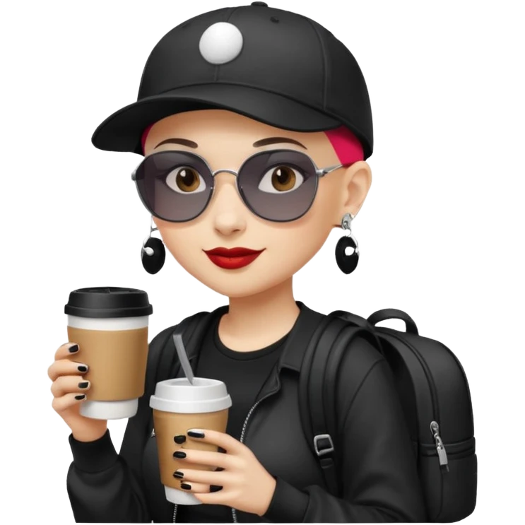 ["A happy woman with light skin, bald, wearing a baseball cap and sunglasses, dressed in goth fashion, is drinking coffee while holding a backpack."] emoji