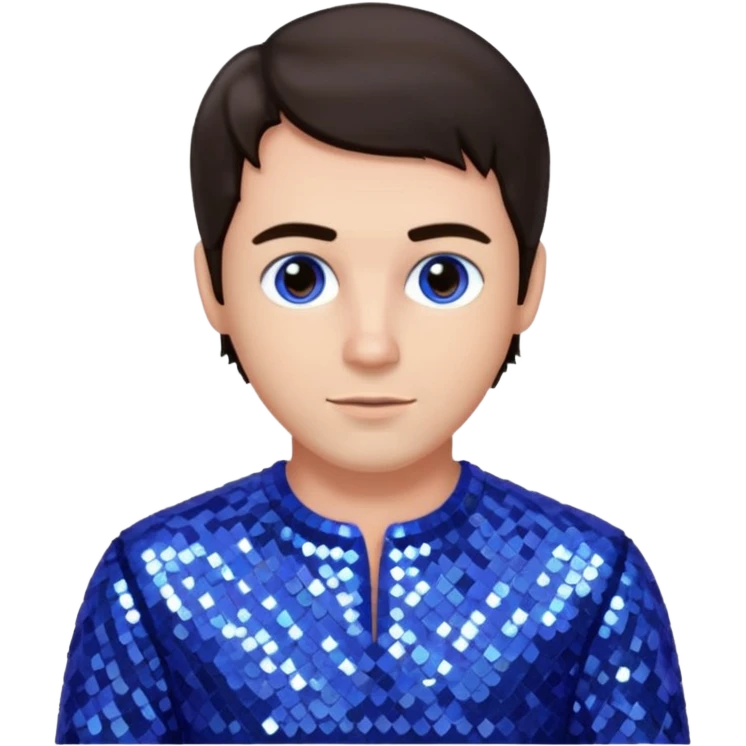 Jeff McCracken with dark brown hair, periwinkle sequin outfit emoji