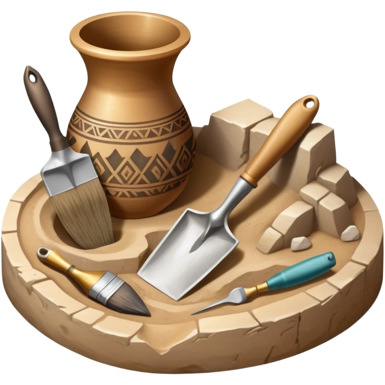 An icon showing an archaeologist’s tools: a trowel, brush, and a partially uncovered ancient artifact like a vase or tablet. The design includes a sandy excavation site with ruins in the background, symbolizing the discovery of past civilizations. Transparent background  emoji